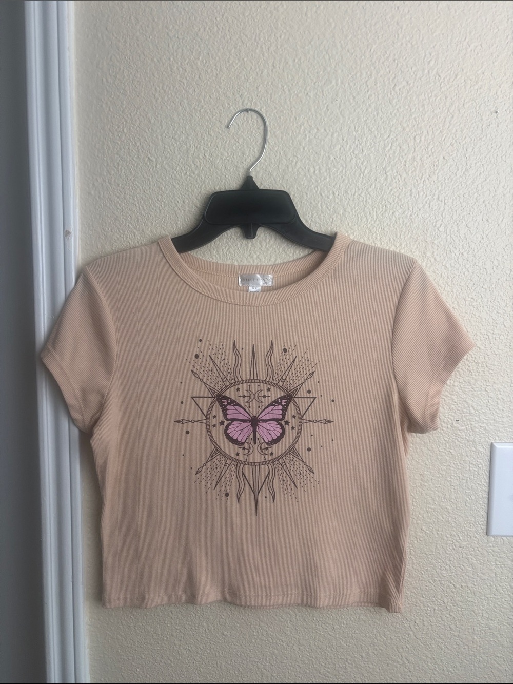 Beige Butterfly Graphic Crop Top